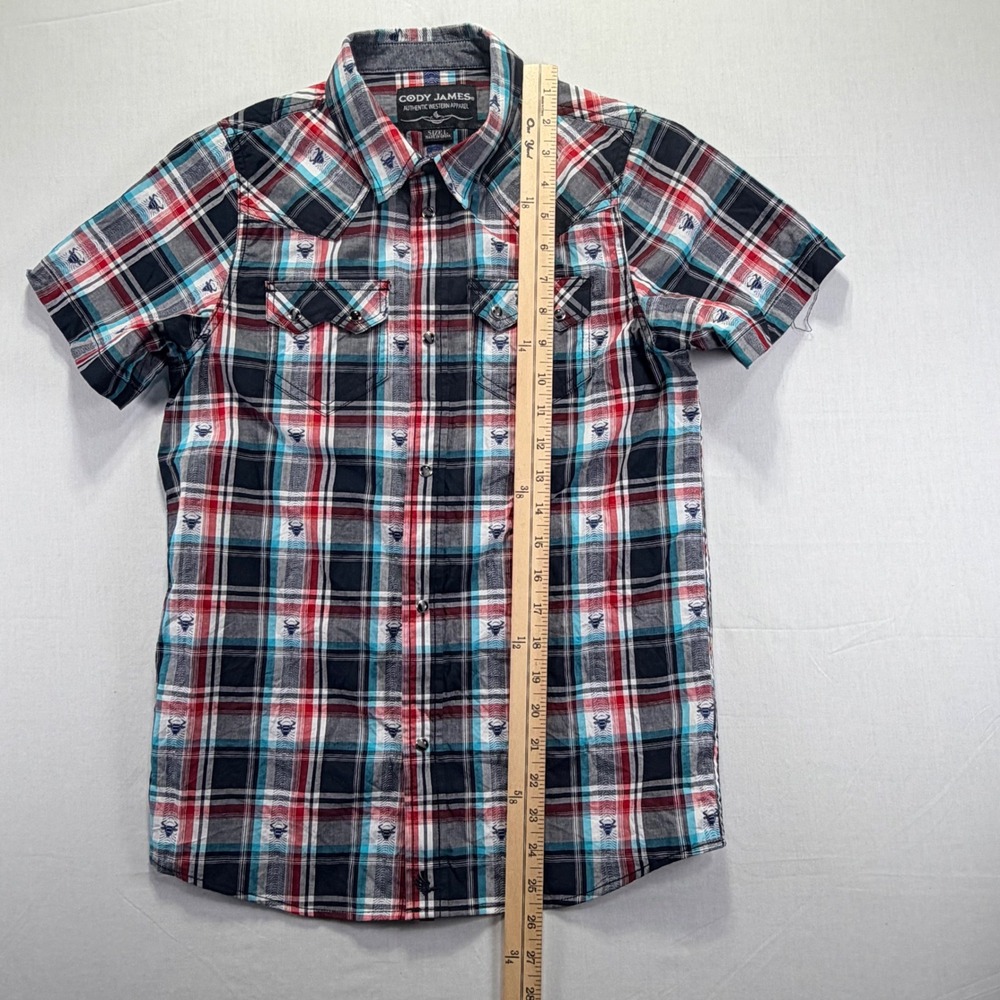 Cody James Kids Western Apparel Short Sleeve Plaid Bull Print Shirt Size L - Picture 5 of 6